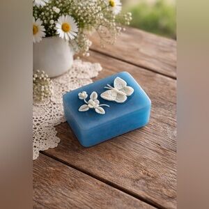 VTG, Blue Glass Decorative Box, Butterfly & Flower Relief. 1970s Collectible. BR